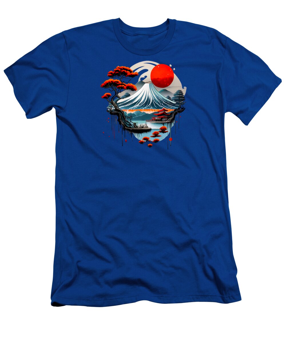 Royal blue T-shirt with Japanese landscape graphic and red sun on front