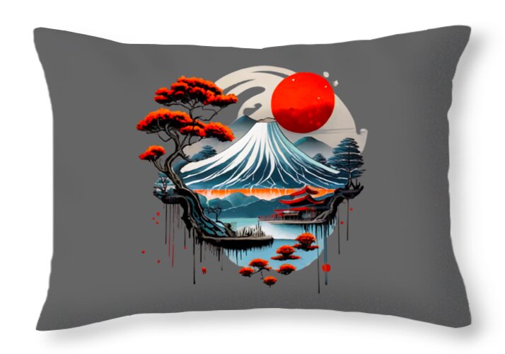 Dark gray throw pillow with Mount Fuji scene, red sun and waves graphic