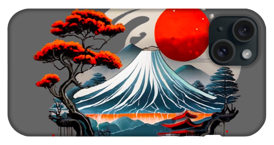 Mount Fuji Japanese landscape phone case with red sun, white wave lines, and red blossoms; camera cutout