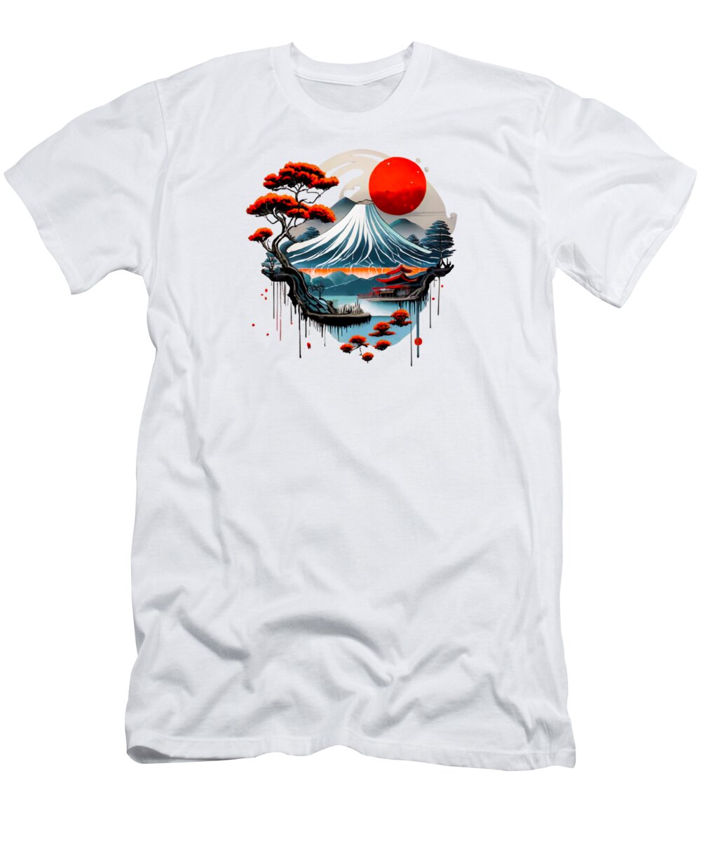 White T-shirt with Japanese landscape graphic and red sun on front