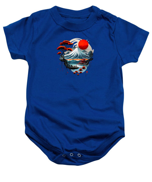 Baby onesie, royal blue short-sleeve bodysuit with snap closure and Mt Fuji graphic