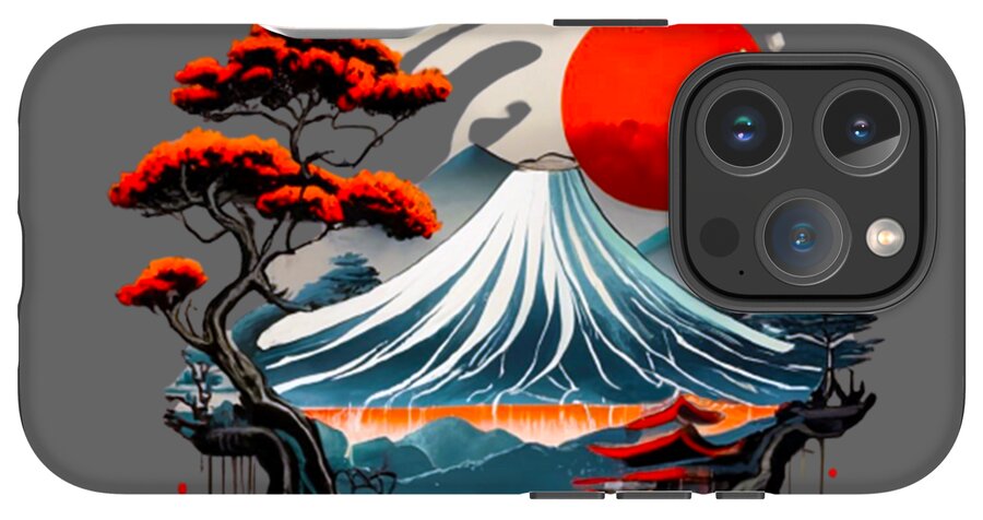 Mount Fuji Japanese landscape phone case with red sun, wave, and black-red tree art; camera cutout