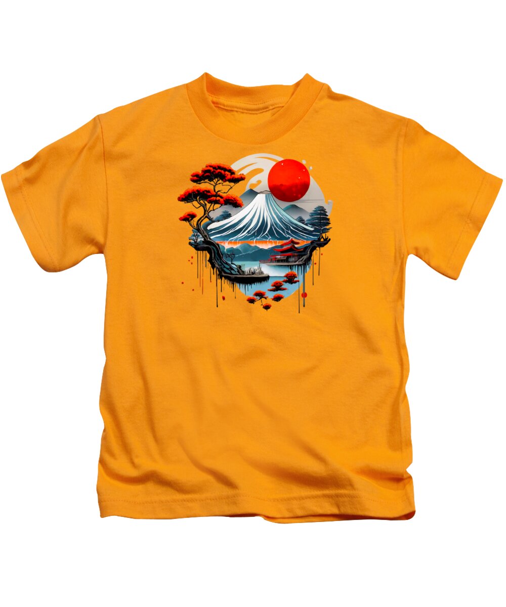 Kids t-shirt in gold with Mount Fuji landscape graphic on front