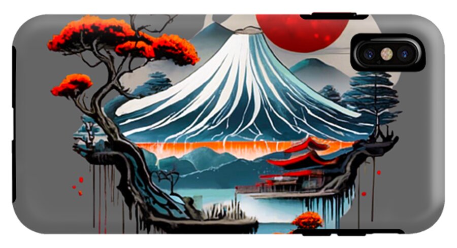 Gray phone case with Mount Fuji artwork, red sun and waves; single-lens camera cutout.