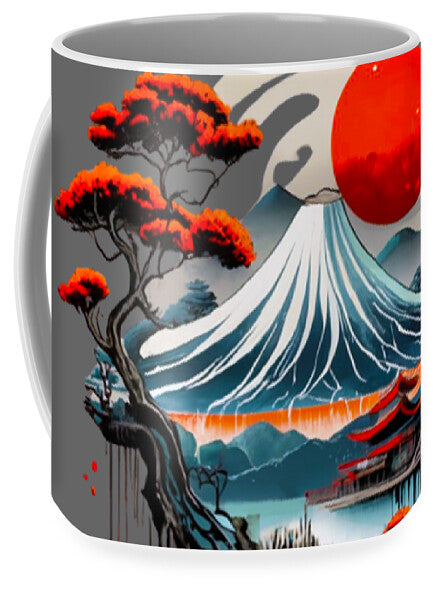 Gray ceramic mug featuring Mount Fuji, red sun, blue waves, and red-leaved trees