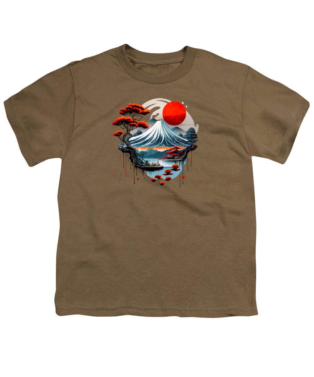 Brown youth t-shirt with front graphic of wave, red sun, and dripping paint.