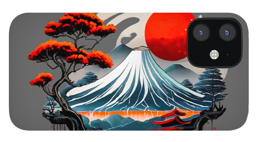 Phone case with Mount Fuji artwork: red sun, white wave mountain, blue water, and silhouetted pine trees.