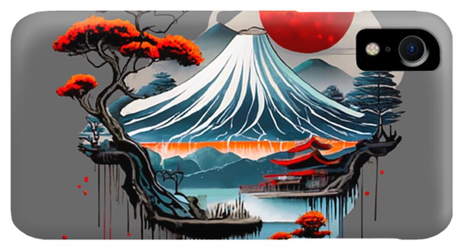 Gray phone case with Mount Fuji waves and red sun; pagoda details near the bottom, camera cutout.