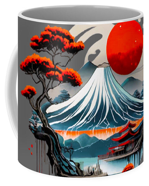 Gray ceramic mug with Mount Fuji artwork, red sun, and wave landscape with trees