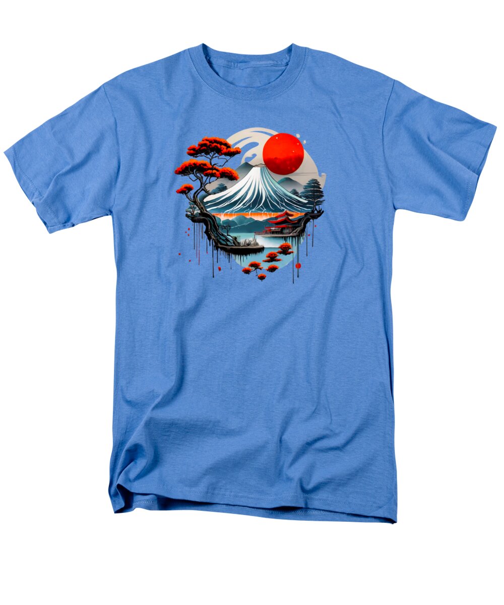 Men's light blue T-shirt with Japanese mountain and red sun graphic