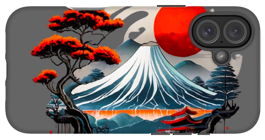 Gray phone case with Mount Fuji artwork, red sun and waves; multi-lens camera module cutout.