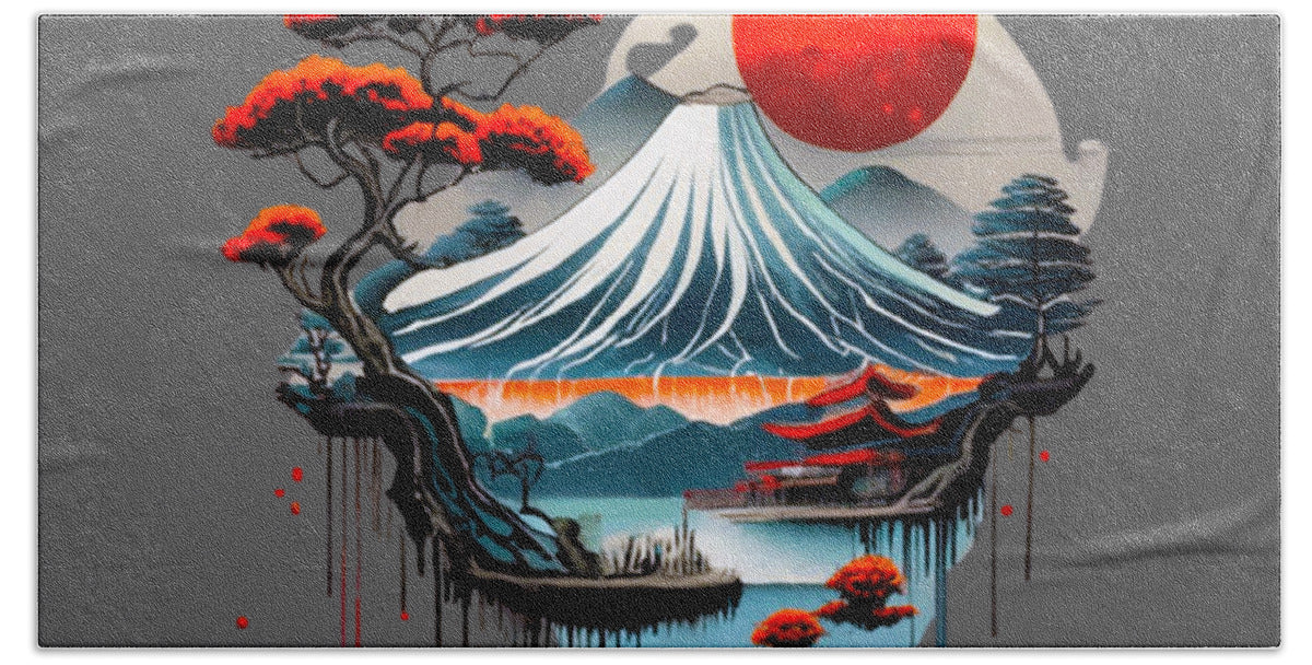 Bath towel with Mount Fuji landscape illustration in red, blue, and gray