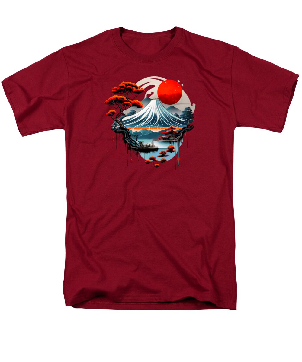 Men's red T-shirt with Japanese mountain and red sun graphic