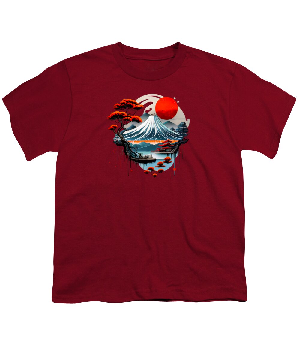 Youth T-shirt in cardinal red with Japanese wave and red sun graphic centered
