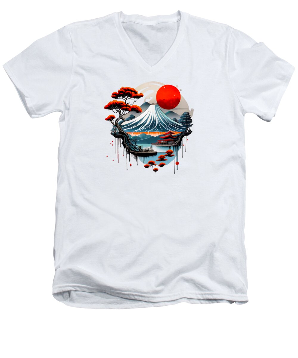 Men's white v-neck T-shirt with Japanese landscape graphic, red sun and waves
