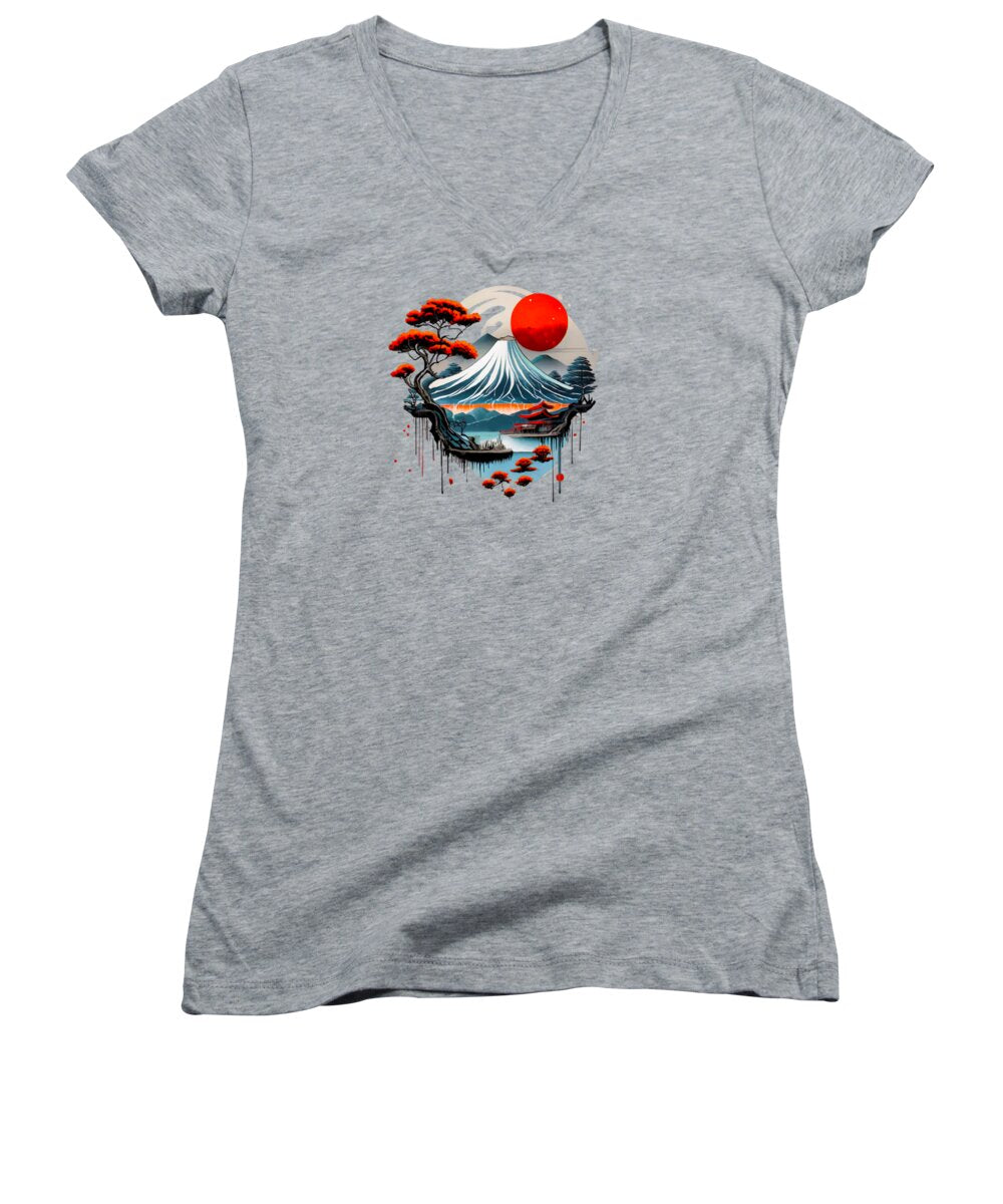 Heather gray women's V-neck T-shirt with front wave-and-mountain graphic