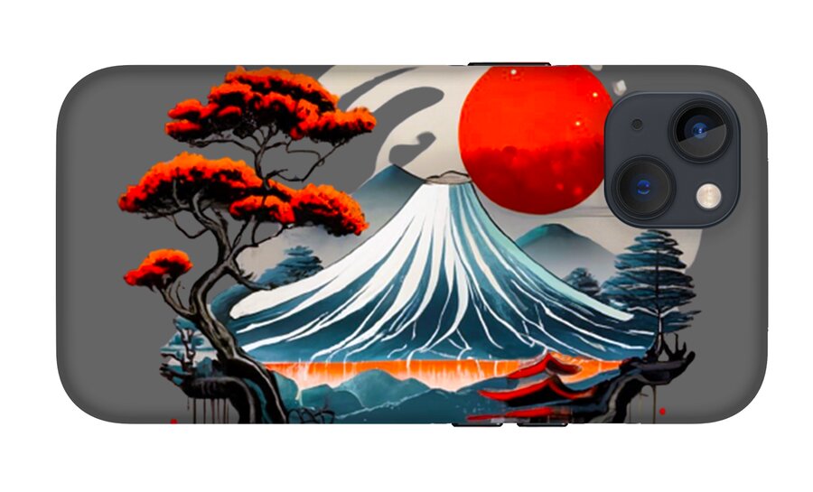 Phone case with Mount Fuji artwork: red sun, white wave-like mountain, blue water, and bonsai trees.