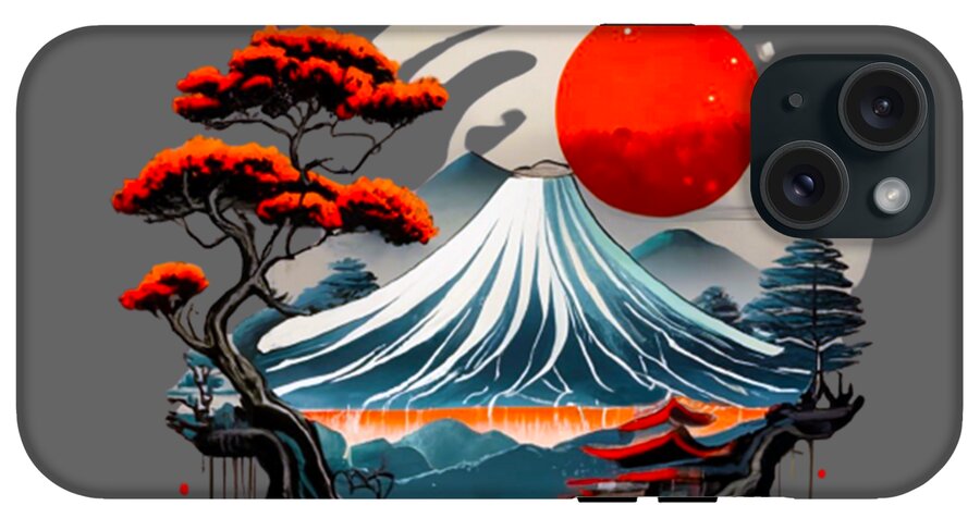 Mount Fuji Japanese landscape phone case with red sun, ocean waves, and red-canopy trees; camera cutout