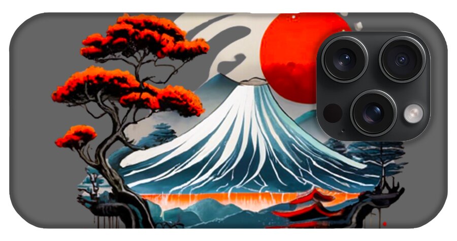 Mount Fuji Japanese landscape phone case with red sun, wave pattern, and flowering trees; multi-lens camera cutout