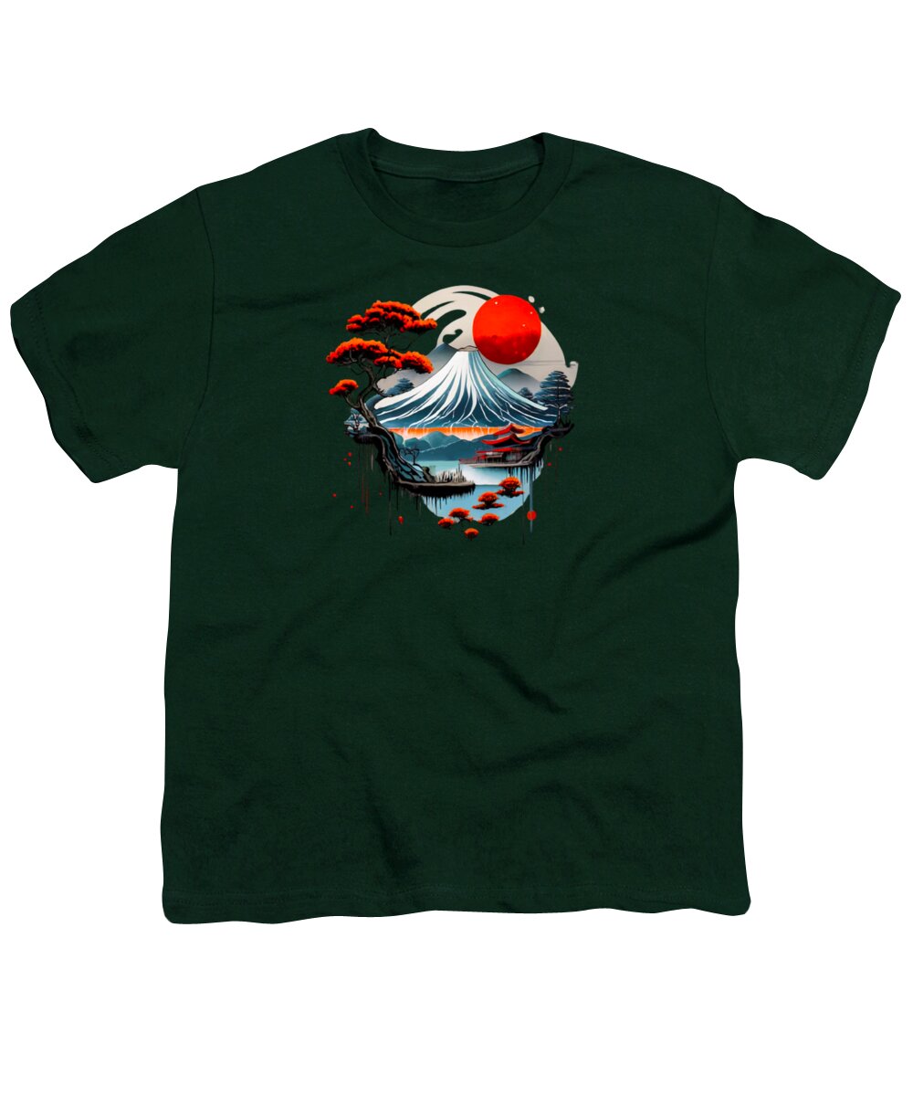 Youth T-shirt in hunter green with Japanese wave and red sun graphic centered