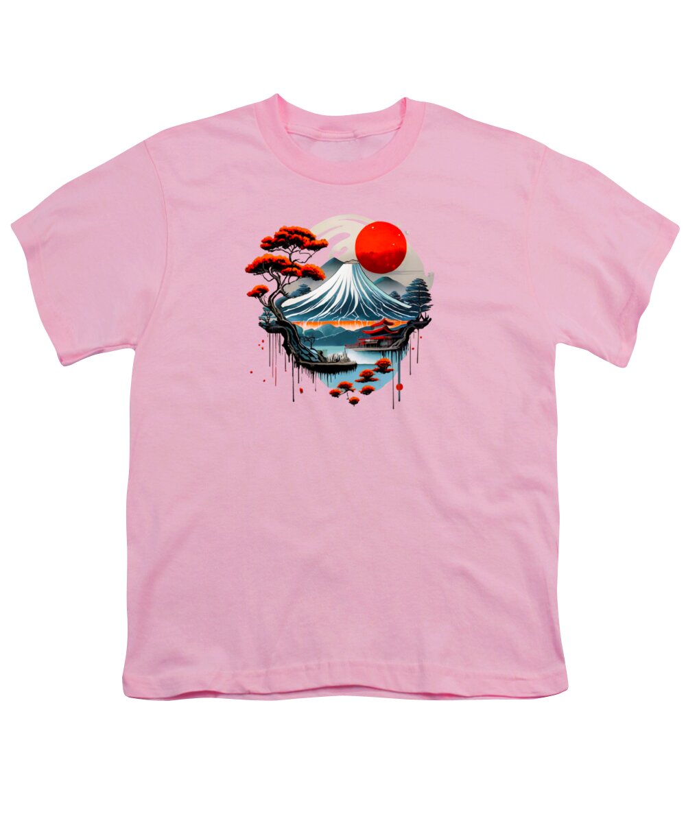 Pink youth t-shirt with front graphic of wave and red sun over ocean waves.