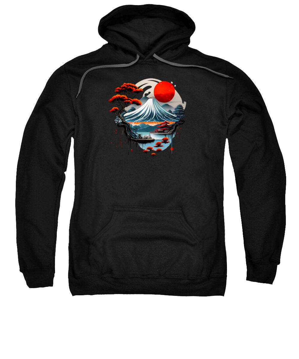 Black hooded sweatshirt with kangaroo pocket; red sun Japanese wave graphic