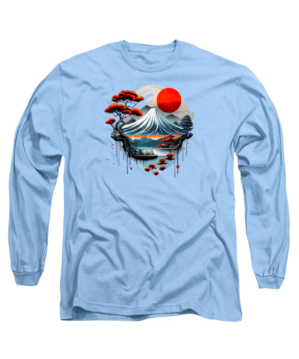 Light blue long-sleeve T-shirt with Japanese landscape graphic on chest