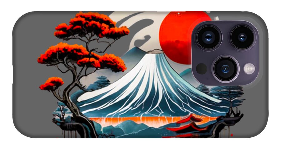 Mount Fuji Japanese landscape phone case, gray back with red moon and multi-lens camera opening