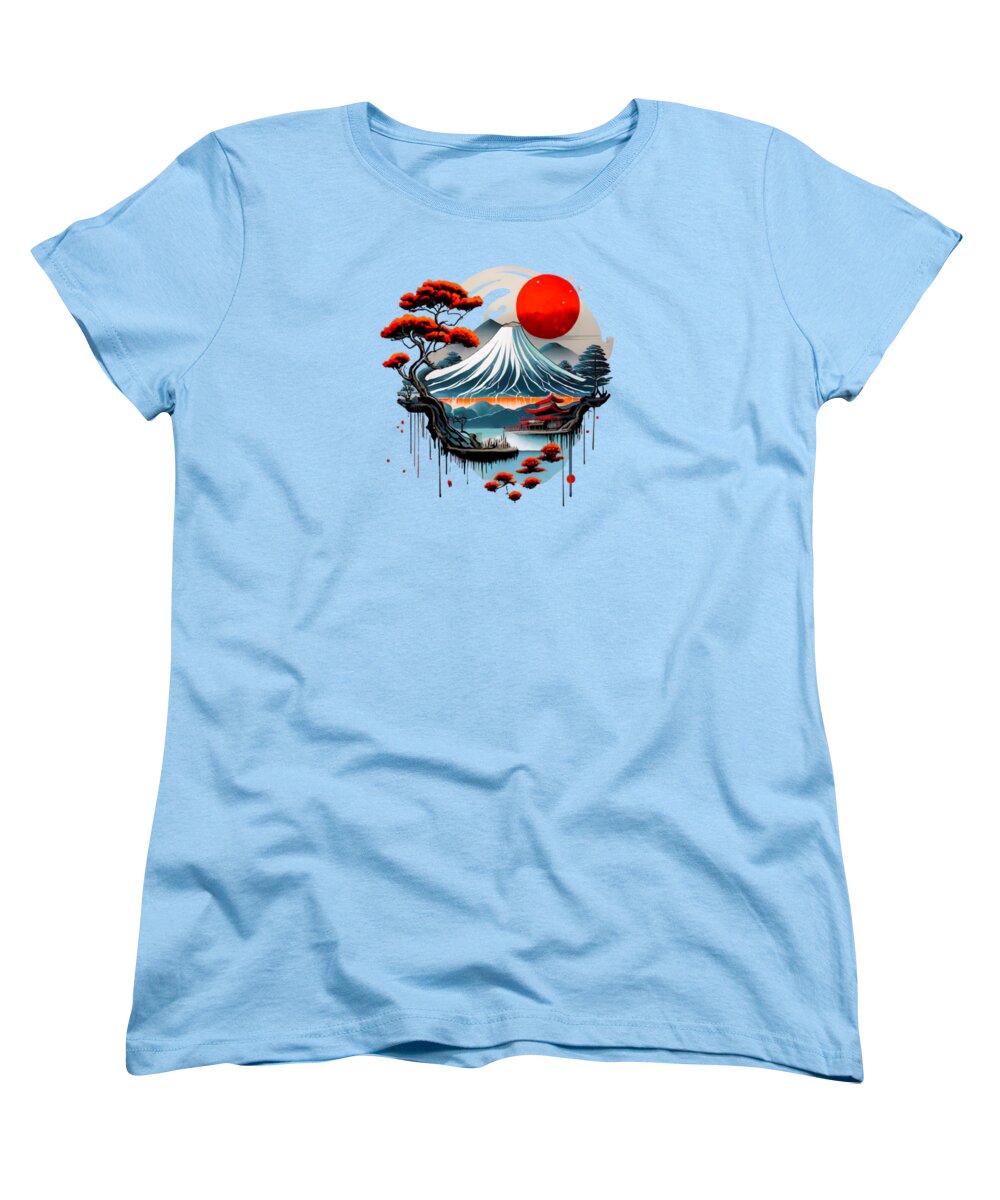 Light blue women's t-shirt with Japanese mountain graphic and red sun on front