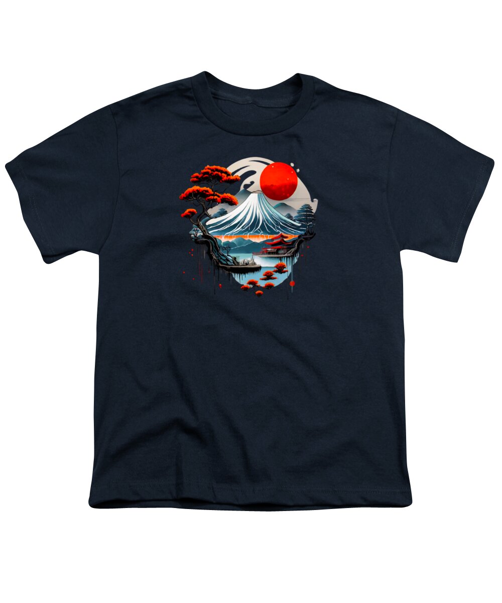 Dark navy youth t-shirt with front graphic of wave, red sun, and trees.
