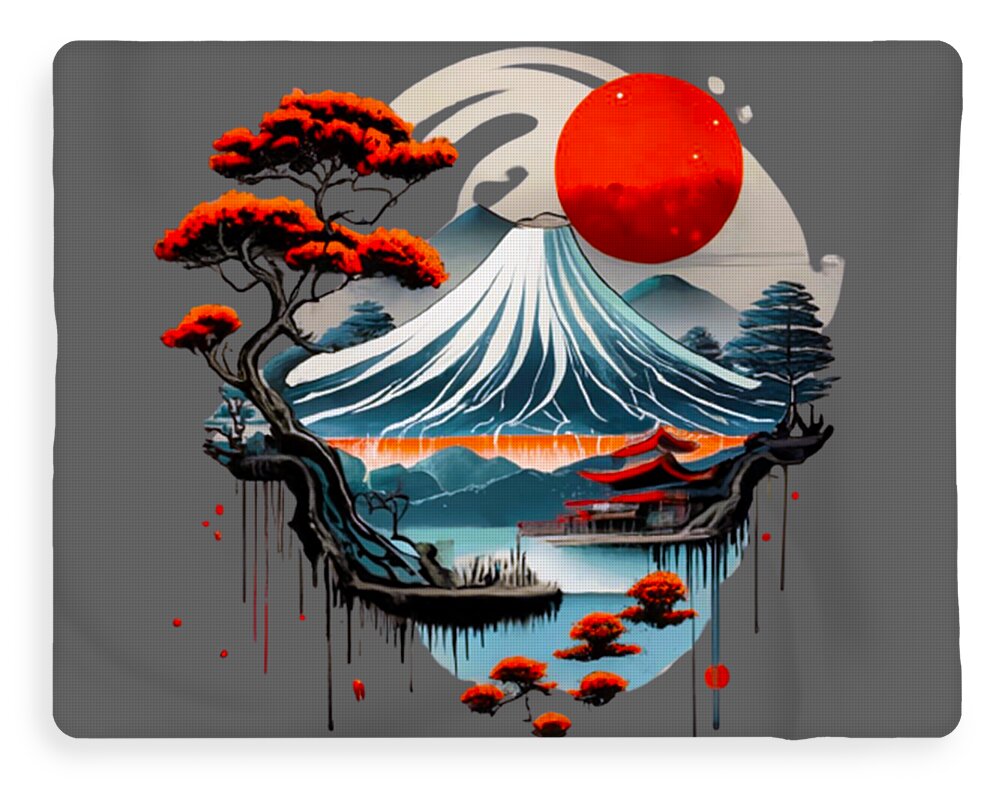 Japanese landscape throw blanket with dark background and red sun over Mount Fuji