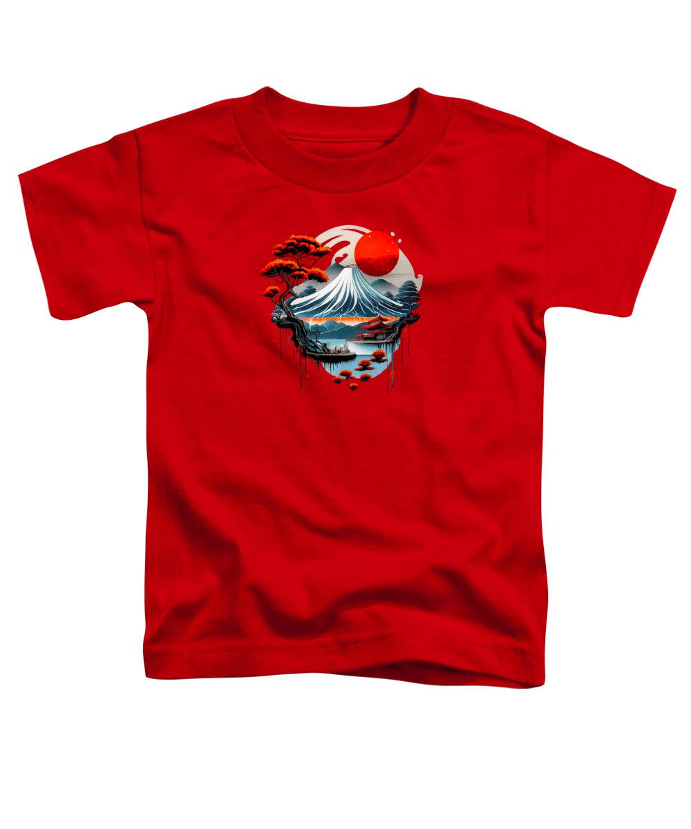 Red toddler T-shirt with colorful Japanese landscape graphic on front