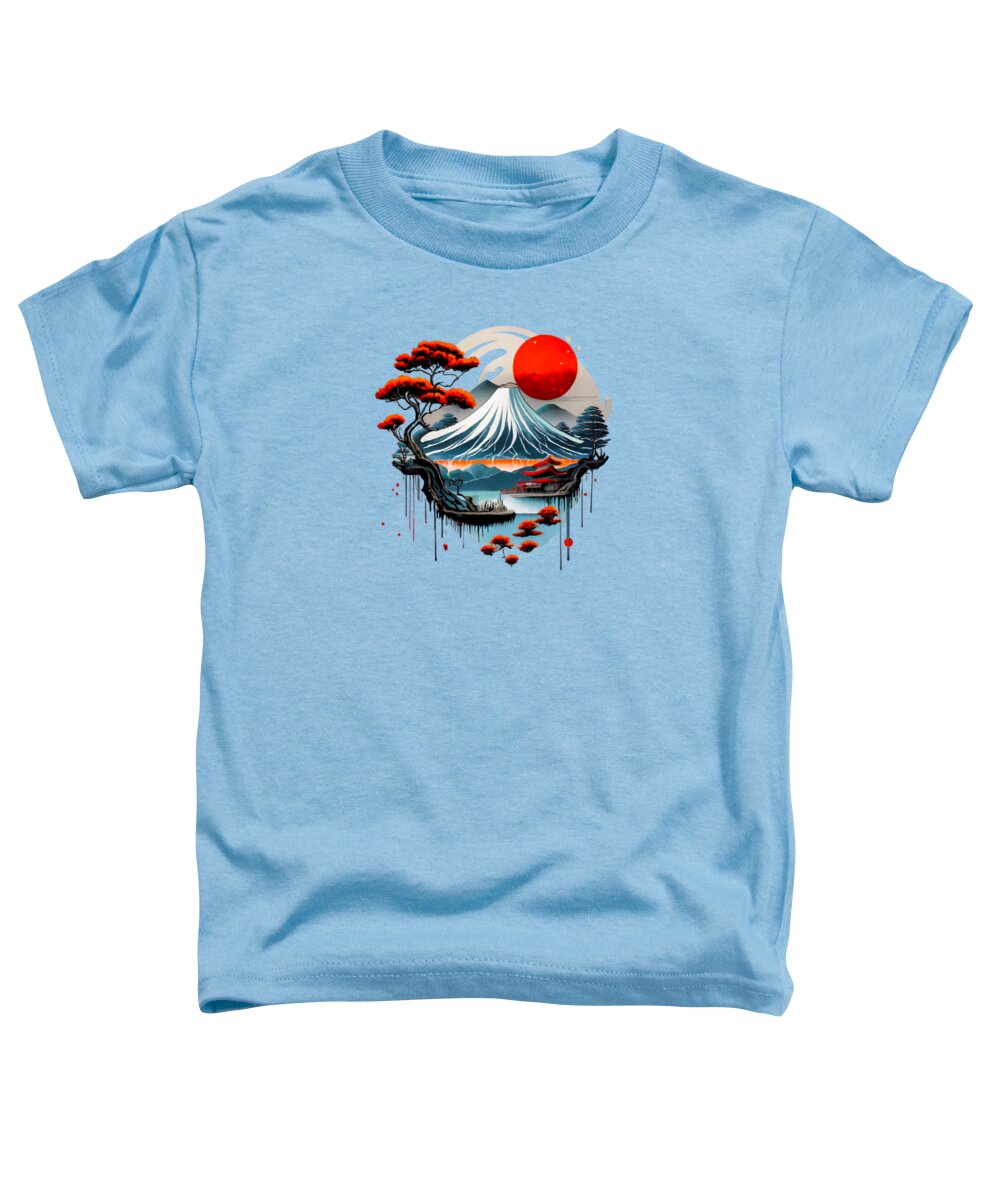 Toddler T-shirt, light blue, Japanese landscape graphic with red sun and ocean waves