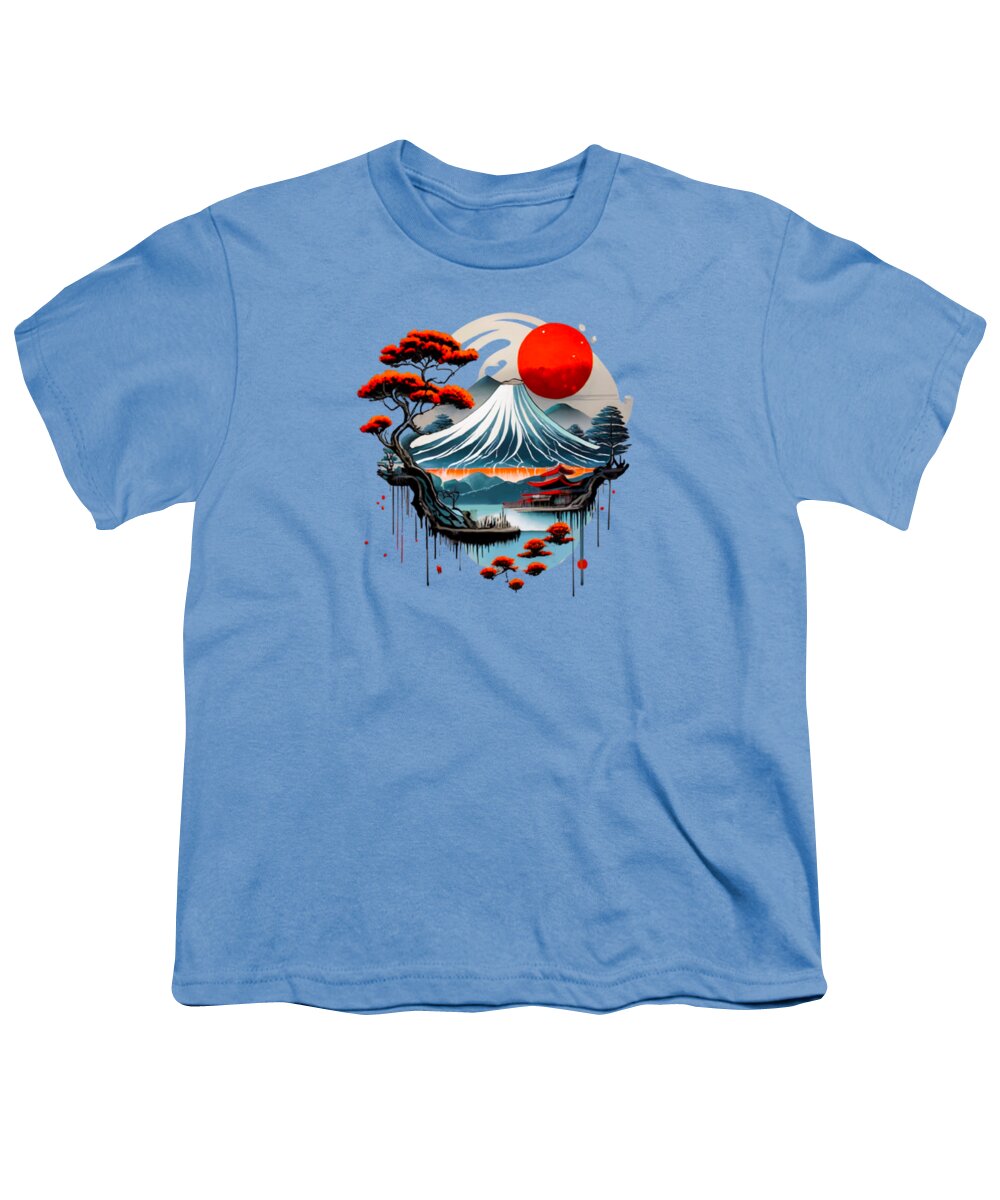 Youth T-shirt in light blue with Japanese wave and red sun graphic centered