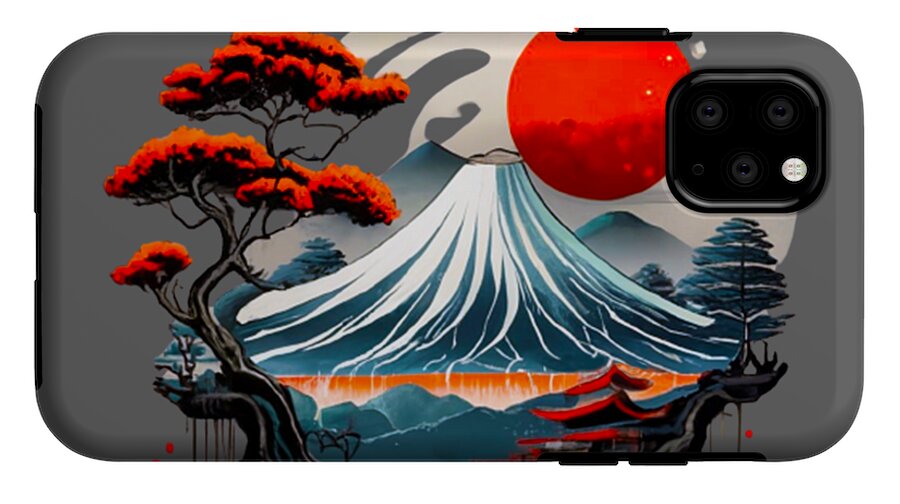 Japanese landscape phone case with Mount Fuji wave and red sun on dark gray