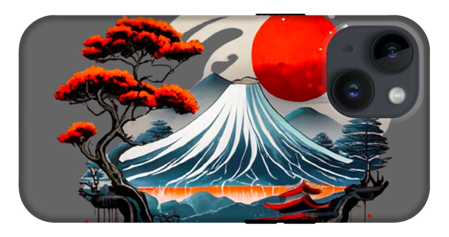 Mount Fuji Japanese landscape phone case, gray back with red moon over white wave peaks