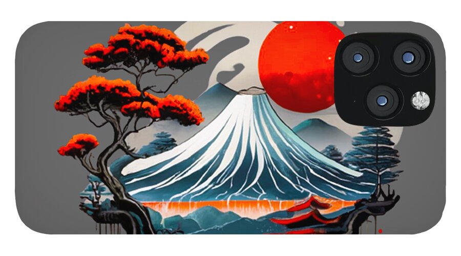 Japanese landscape phone case with Mount Fuji wave art, red sun and pine trees on dark gray