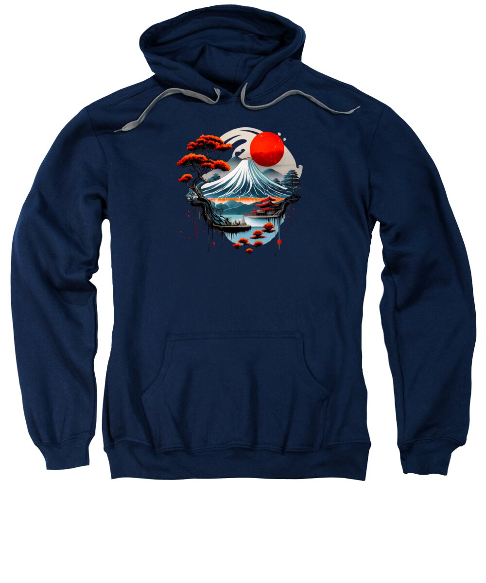 Navy hooded sweatshirt with kangaroo pocket; red sun Japanese wave graphic