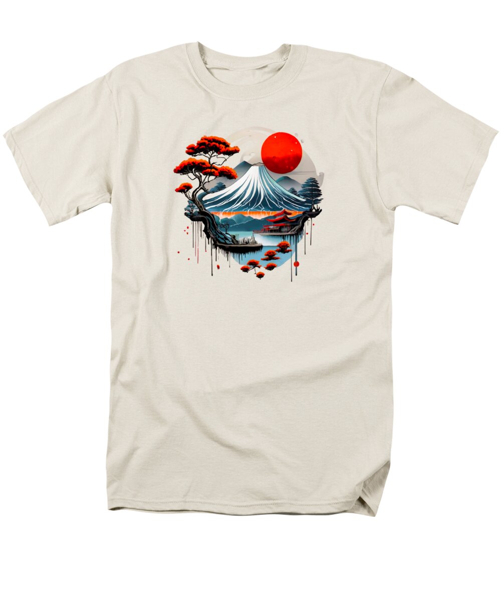 Men's cream T-shirt with Japanese mountain and red sun graphic