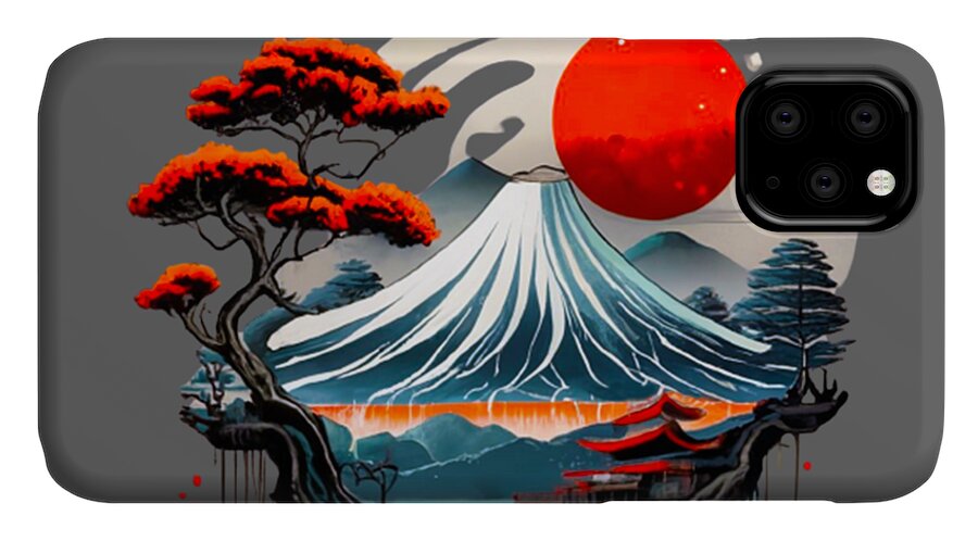 Japanese landscape phone case featuring Mount Fuji art with red sun and pine trees on dark gray