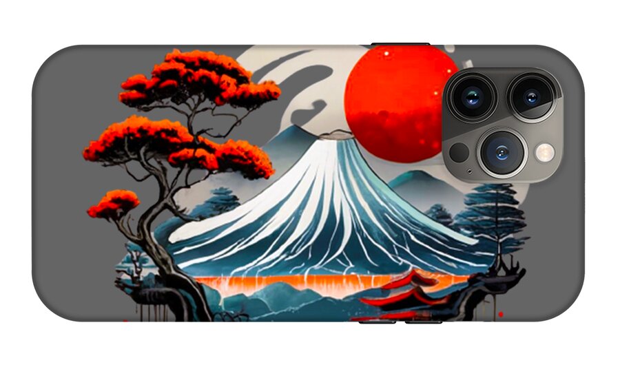 Phone case with Mount Fuji artwork, red sun, white wave mountain, pine trees, and camera cutout on the right.