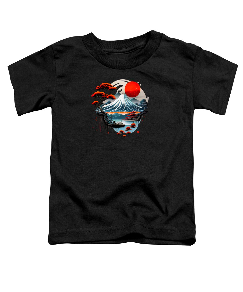 Toddler T-shirt, black, Japanese landscape graphic with red sun and wave art
