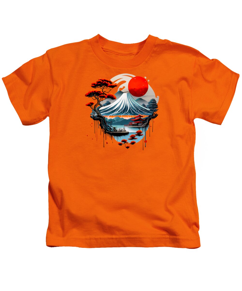 Kids t-shirt in orange with Mount Fuji landscape graphic on front