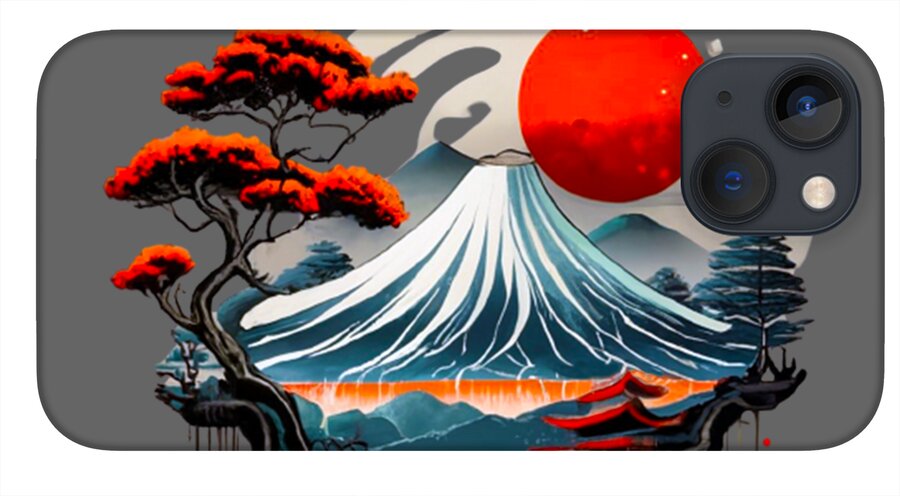 Mount Fuji Japanese landscape phone case, gray back with red moon and stylized wave pattern
