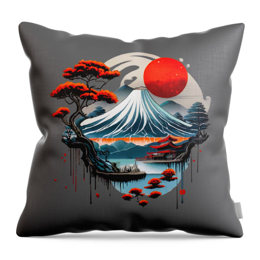Gray throw pillow cover with red sun, blue waves, and dark pine tree landscape art