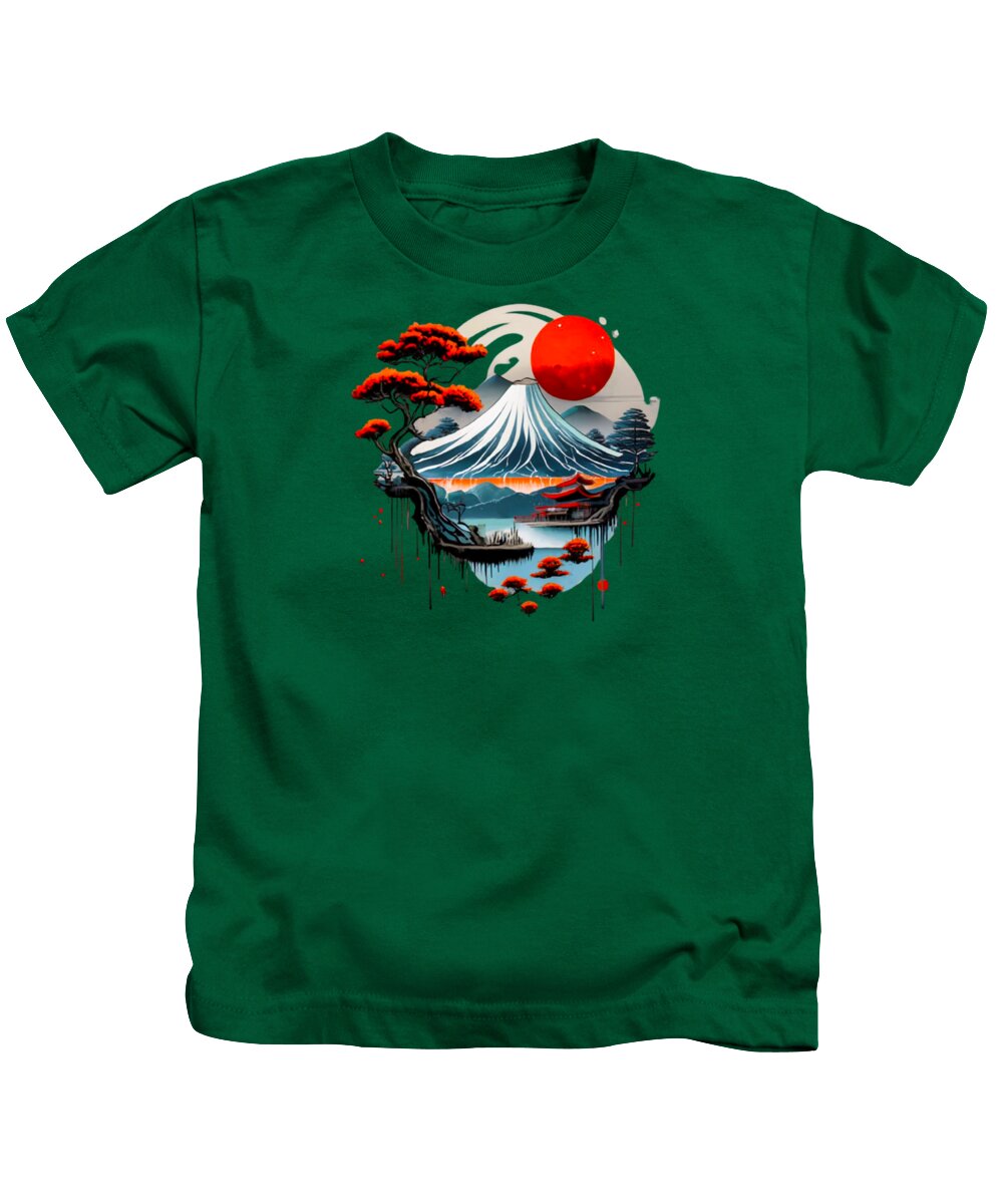 Kids t-shirt in kelly green with Mount Fuji landscape graphic on front
