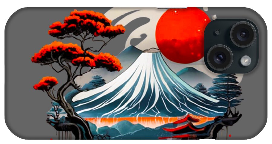 Mount Fuji Japanese landscape phone case showing red sun over waves with red-leaf trees; camera cutout