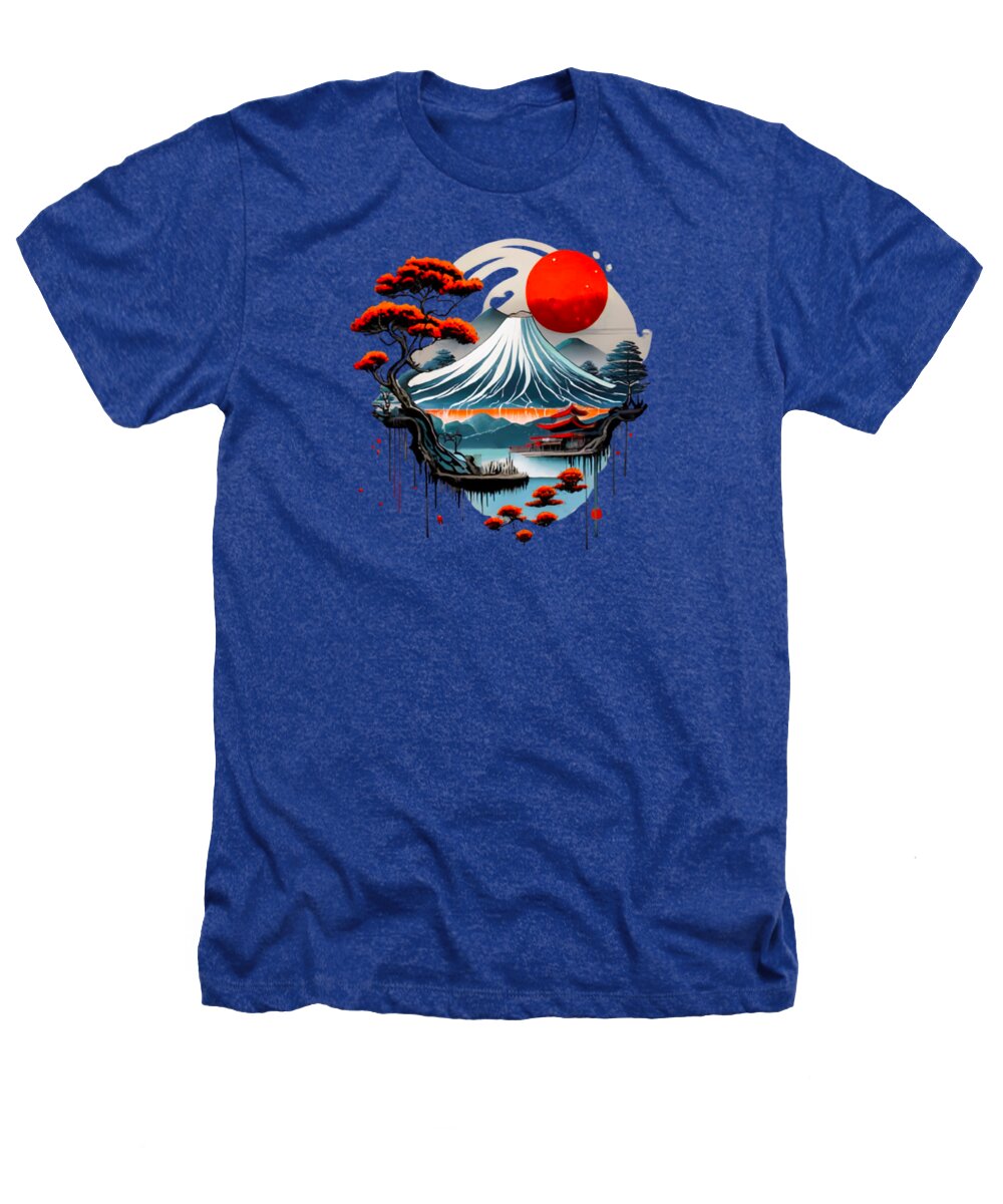 Blue heather t-shirt with Japanese landscape graphic, red sun and waves.