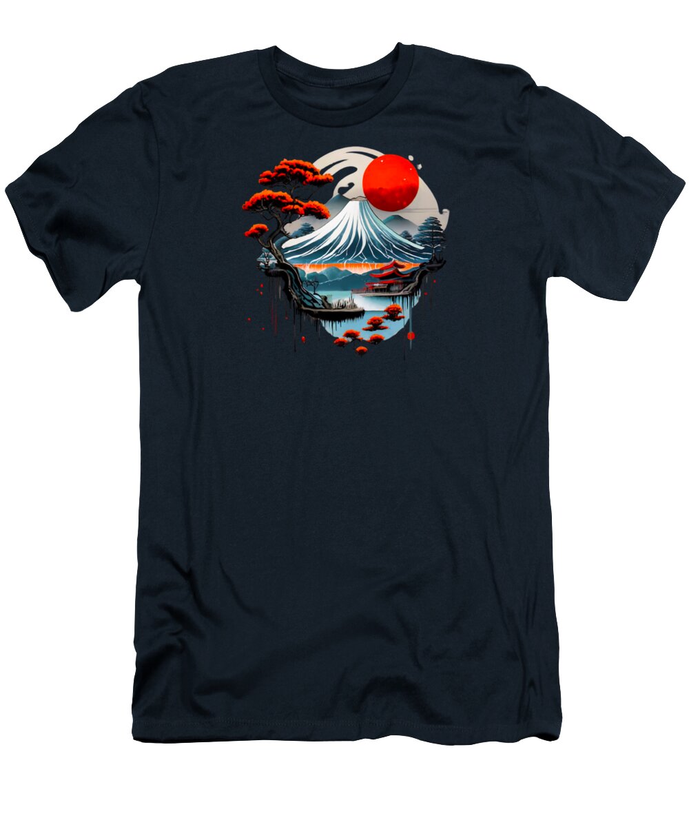 Navy T-shirt with Japanese landscape graphic and red sun on front