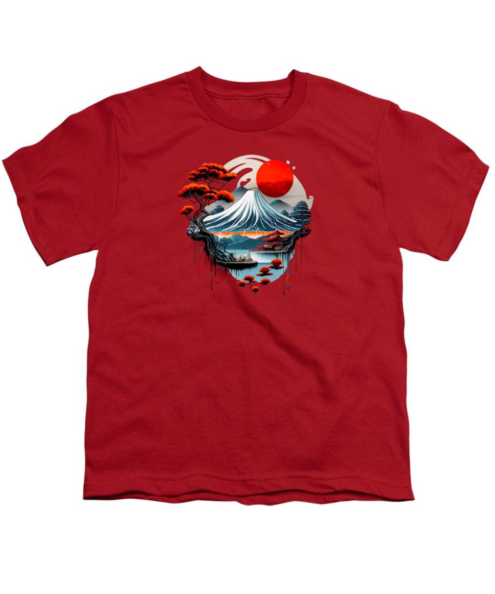 Red youth t-shirt with front graphic of wave, red sun, and floating rocks.